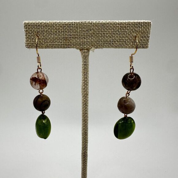 2.5" Green glass and agate stone dangle earrings with gold over 925 hooks! - Picture 7 of 14